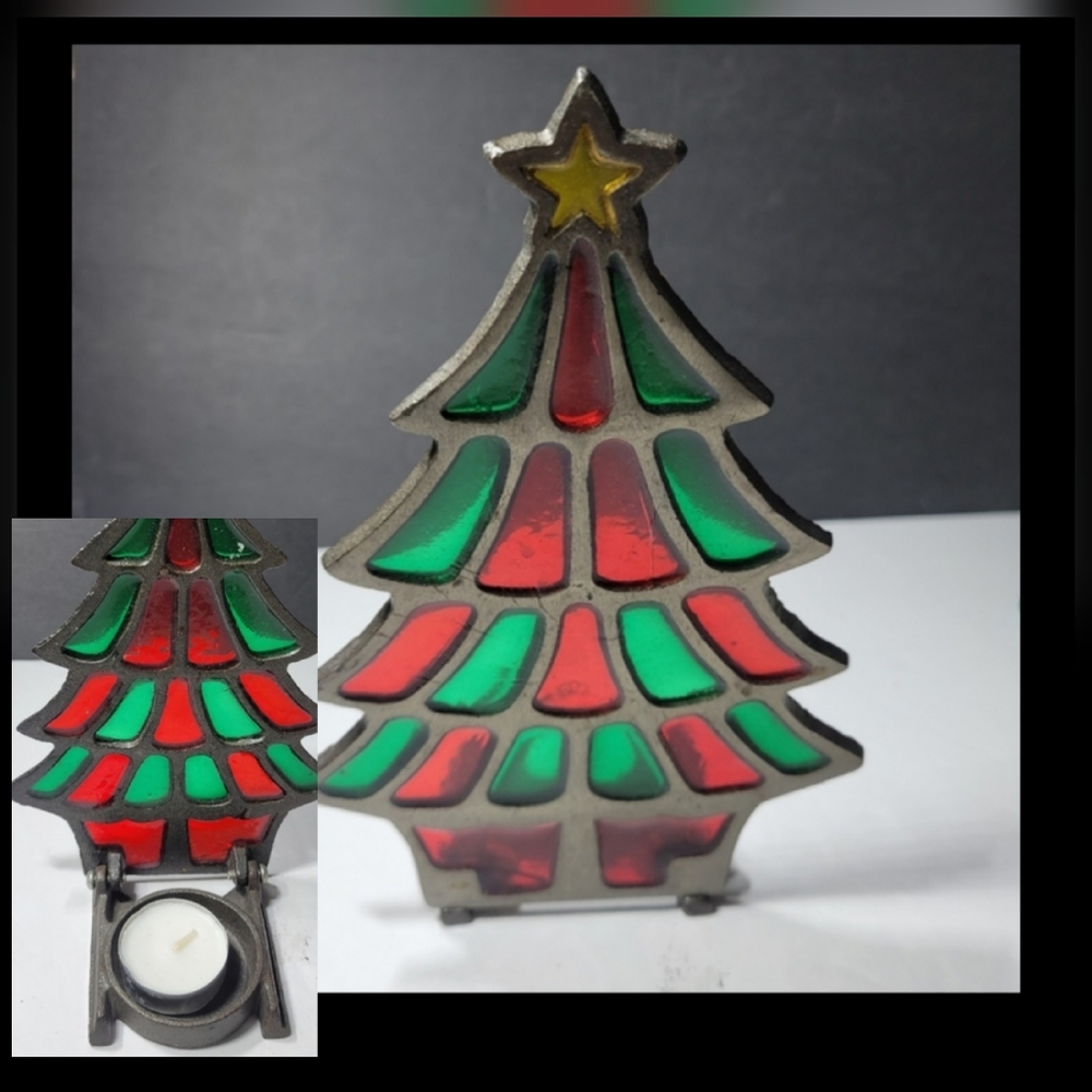 Vintage Stained Glass Christmas Candle Holder Christmas Tree Metal